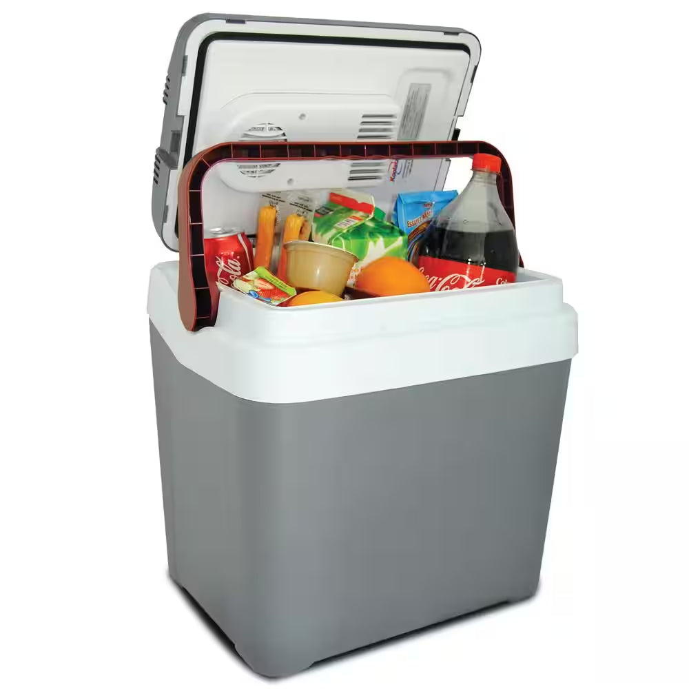12V Electric Cooler, 24L (26 Qt.) Thermoelectric Car Fridge, Self-Locking Handle, Gray/Red