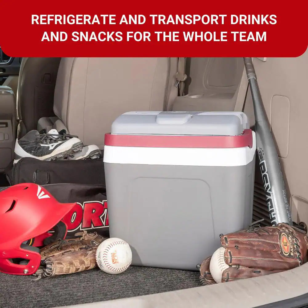12V Electric Cooler, 24L (26 Qt.) Thermoelectric Car Fridge, Self-Locking Handle, Gray/Red