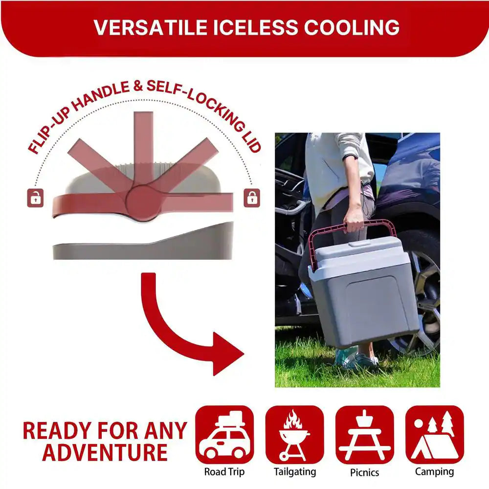 12V Electric Cooler, 24L (26 Qt.) Thermoelectric Car Fridge, Self-Locking Handle, Gray/Red