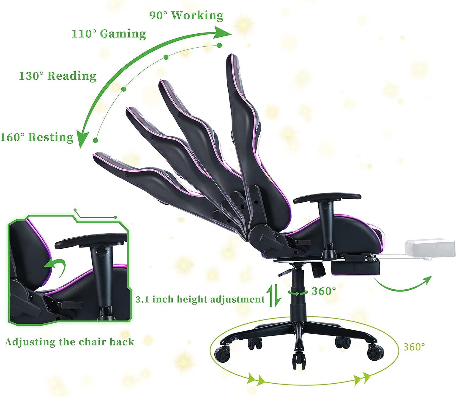 Pink Gaming Chair,Computer Chair,Gaming Chair with Footrest,Adjustable Gamer Chair with Headrest and Lumbar Support,Pu Leather Gaming Chair for Adults,Ergonomic Design