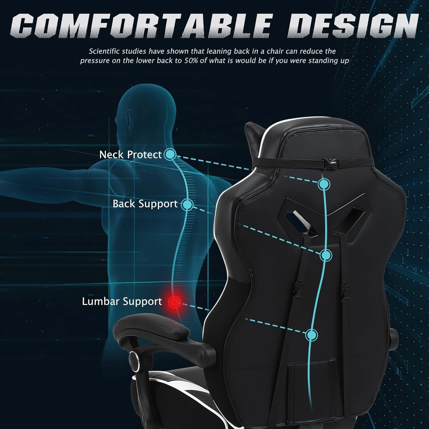 Ergonomic Gaming Chair with Footrest Recliner and Massage - High Back Office Gamer Chair for Adults - Big and Tall - White/Black
