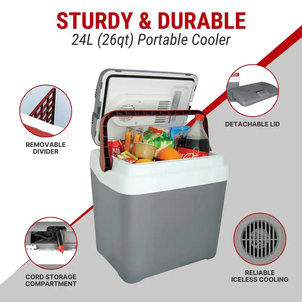 12V Electric Cooler, 24L (26 Qt.) Thermoelectric Car Fridge, Self-Locking Handle, Gray/Red