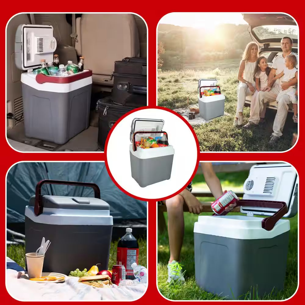 12V Electric Cooler, 24L (26 Qt.) Thermoelectric Car Fridge, Self-Locking Handle, Gray/Red